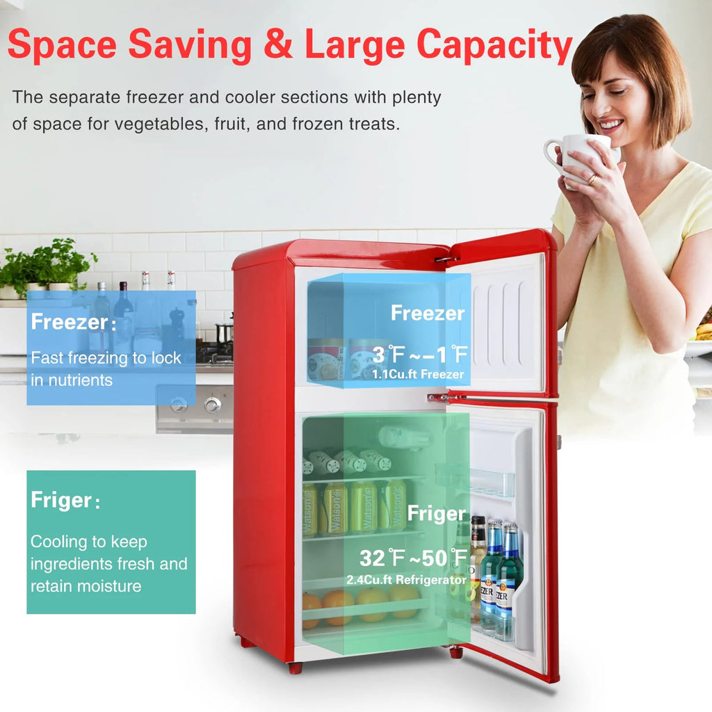 KRIB BLING 3.2 Cubic Feet Double Door Mini Fridge with Freezer, Mini Compact Refrigerator 2 Doors for Dorm, Office, Apartment, RV, Bedroom, Black