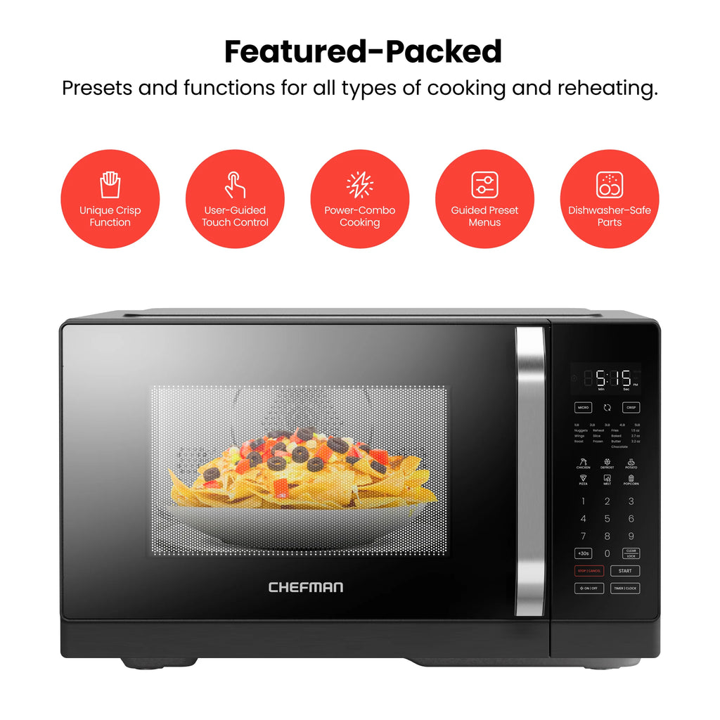Chefman Microcrisp 1.1 cu. ft. Countertop Microwave Oven + Crisper, 1800 Watts - Black