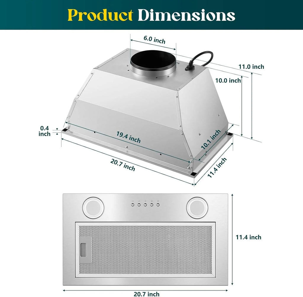 Range Hood Insert 20 Inch, Built-in Kitchen Hood 600CFM, Ducted/Ductless Convertible, Vent Hood Insert w/Mesh Filter, Push Button Control, Stainless Steel Range Hood w/ 3 Speed Fan