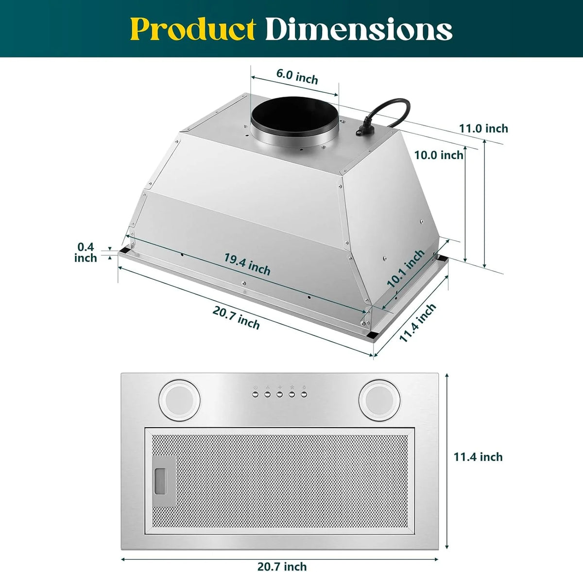 Range Hood Insert 20 Inch, Built-in Kitchen Hood 600CFM, Ducted/Ductless Convertible, Vent Hood Insert w/Mesh Filter, Push Button Control, Stainless Steel Range Hood w/ 3 Speed Fan