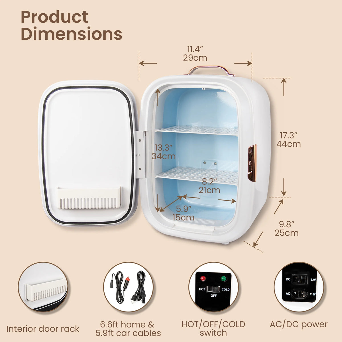 Dimmable LED Light Mirror Fridge - 20L Makeup Mini Fridge For Cosmetics, Skin Care, And Food - White