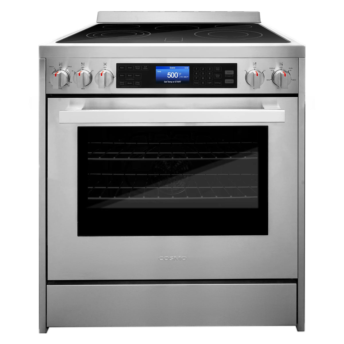 Cosmo 4 Piece Kitchen Appliance Package with 30" Freestanding Electric Range 30" Under Cabinet Range Hood 24" Built-in Integrated Dishwasher & French Door Refrigerator Kitchen Appliance Bundles