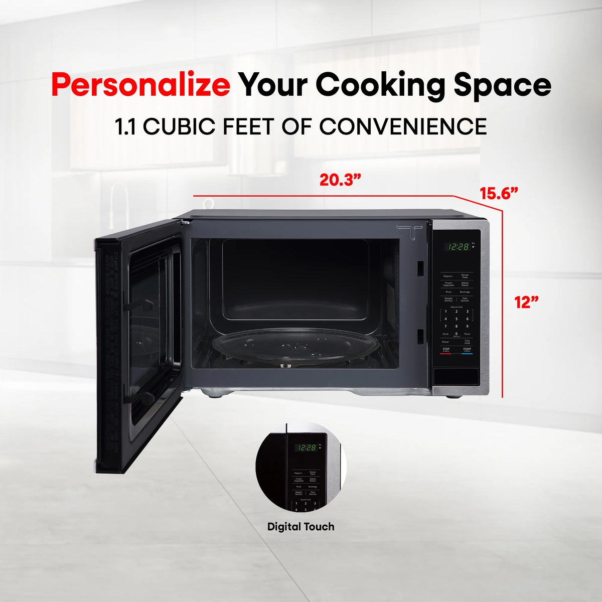Magic Chef 1.6 Cu. ft. 1100W Countertop Microwave Oven with Push-Button Door in Black, New