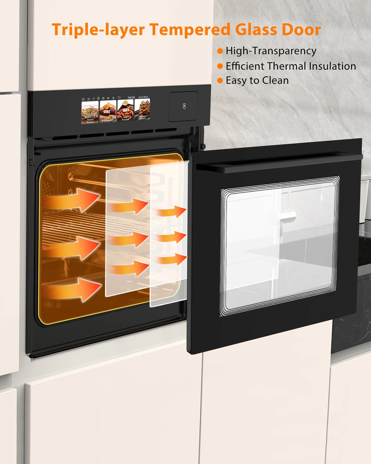 24" Electric Ovens Single Wall Oven,2.5Cu.ft Convection Built-in Oven,with 8 Cooking Mode, 3000W, 240V,  Stainless Steel, Colorful Touch Screen, Transparent Window, Black