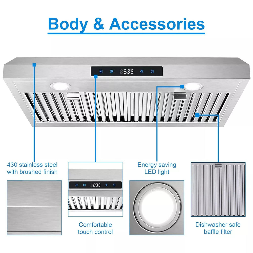 Under Cabinet Range Hood 30 inch Stainless Steel Kitchen Hood 600 CFM Stove Filter Touch Control LED Lights
