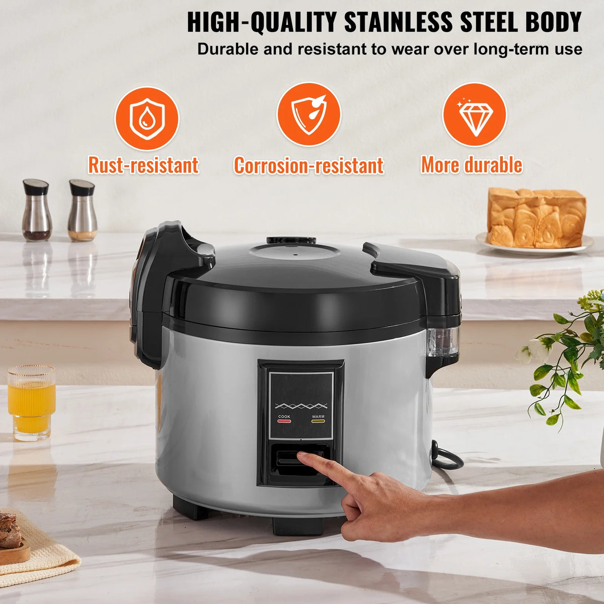 KFFKFF Industrial Rice Steamer, 45-Cup Capacity, 9.51 Qt / 9 Liter Voluminous Rice Maker and Heater with Nonstick Cooking Chamber, Swift Preparation and 12-Hour Heat Retention