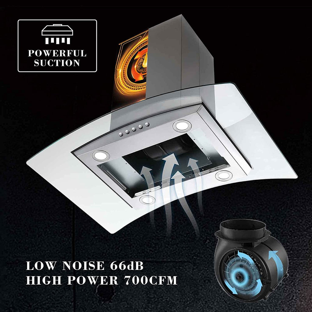 Tieasy Island Range Hood 36 inch Kitchen 3 Speed Extractor Fan Aluminum Filter Tempered Glass