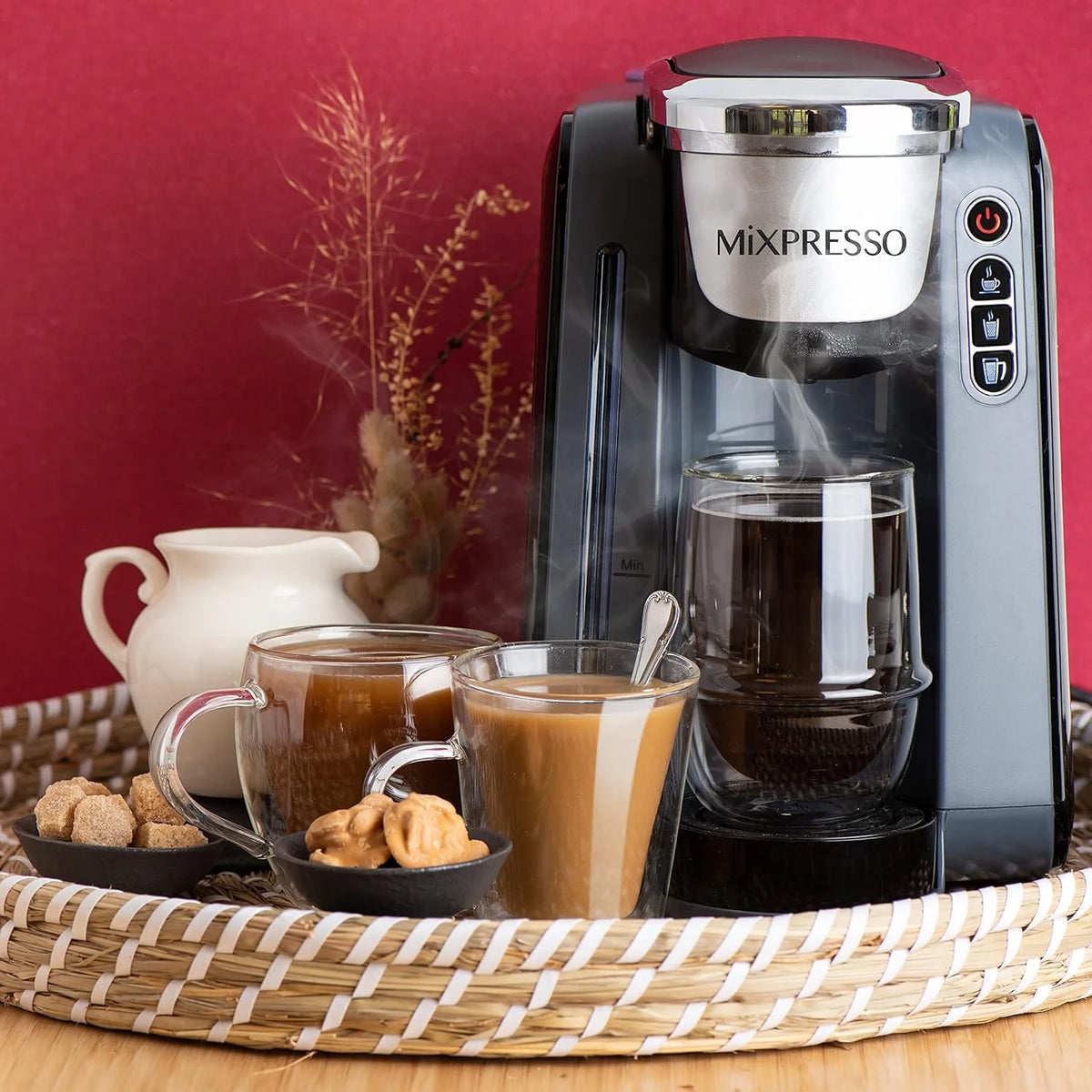 Mixpresso Single Cup Coffee Maker Compatible With 1.0 & 2.0 Single Cup Pods, Removable 45oz Water Tank, Quick Brewing with Auto Shut-Off, One Touch Function (Red/Black)