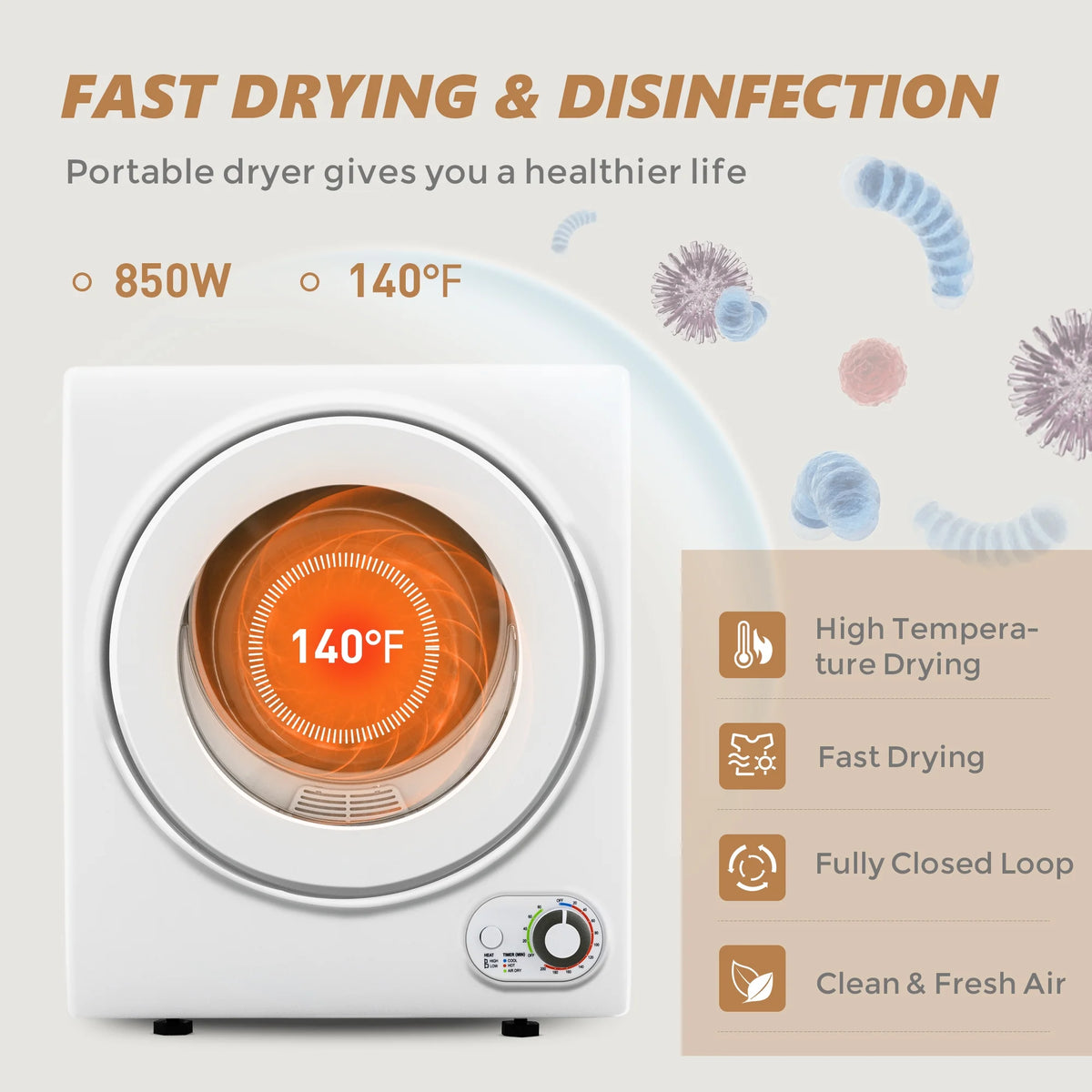 EUHOMY 1.5 Cu.Ft Portable Clothes Dryer 850W Front Load with 200 Minute Timer for Apartment Home DOE Certified, White