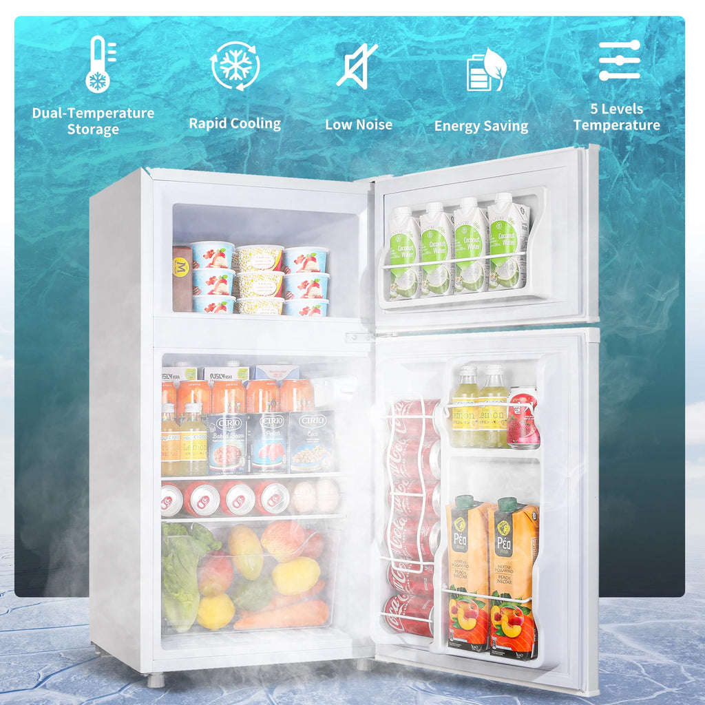 CALLIEVER Compact Mini Fridge with Freezer, 3.5 Cu.Ft 2-Door Refrigerator �C Ideal for Dorm, Office, Bedroom �C 7 Temp Settings, Adjustable Shelves,Silver
