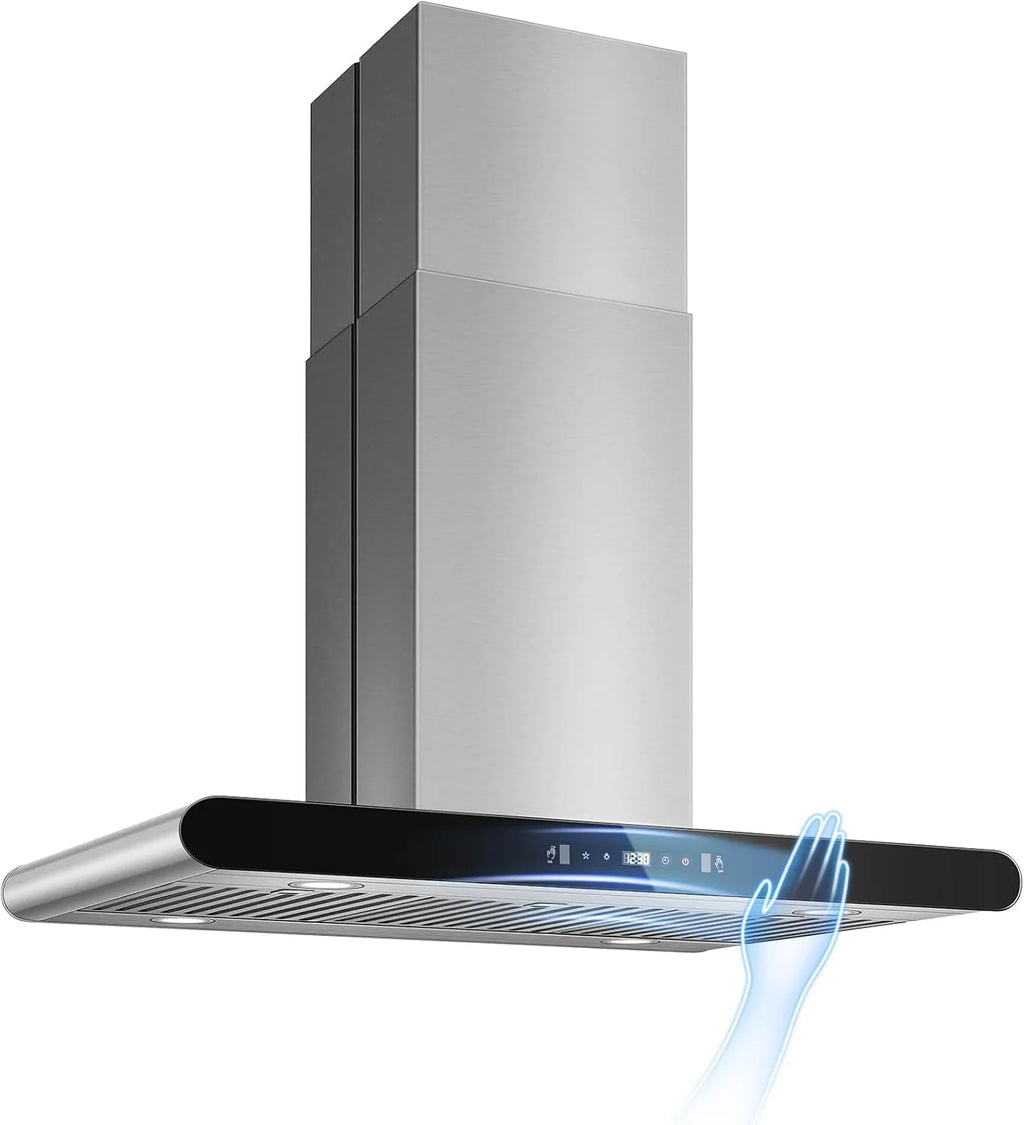 Island Range Hood 30 Inch 700 CFM kitchen Hood with Dual-Sided Touch Gesture Remote Control Ceiling Mount Convertible Ducted/Ductless 3-Speed Fan 3 Stainless Steel Baffle Filters