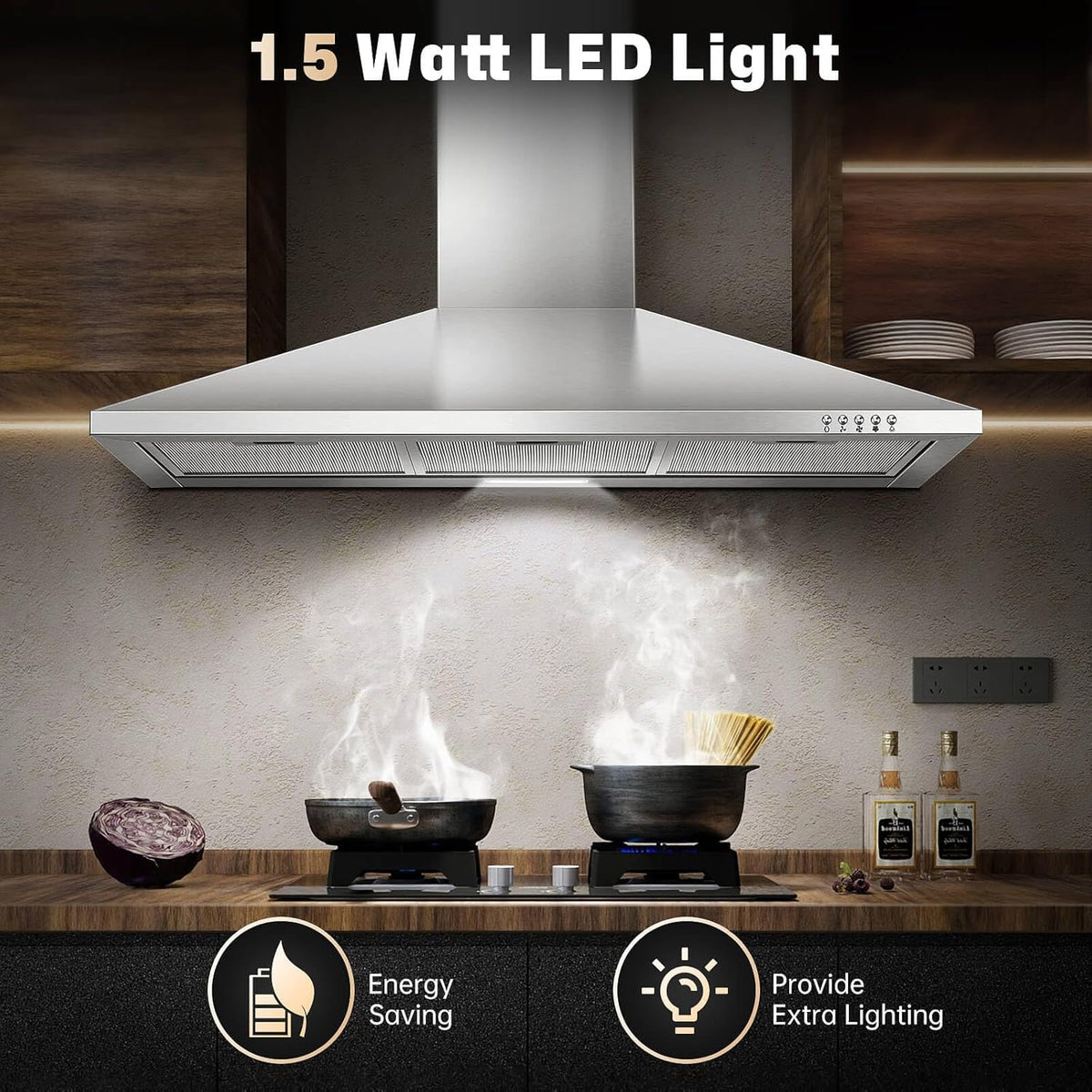 36-inch Wall Mount Range Hood 450CFM 3-Speed, Stainless Steel with LED Light, Adjustable Chimney 15.7-30.7in, Ducted/Ductless Ready, Quiet Under 55dB, 5-Layer Filters