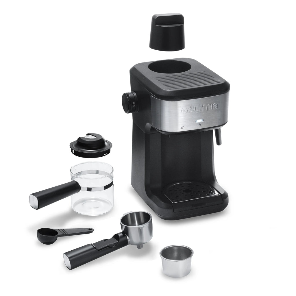 Gourmia 4-Shot Steam Espresso, Cappuccino, and Latte Maker with Frothing Wand, Black, New