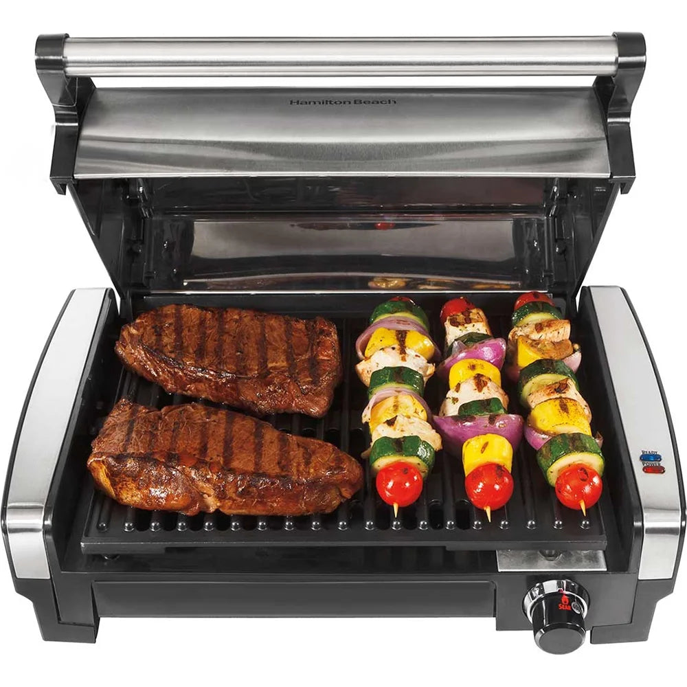 Hamilton Beach Electric Indoor Searing Grill Removable Easy-to-Clean Nonstick Plate, 6-Serving, Extra-Large Drip Tray, Stainless Steel (25360)
