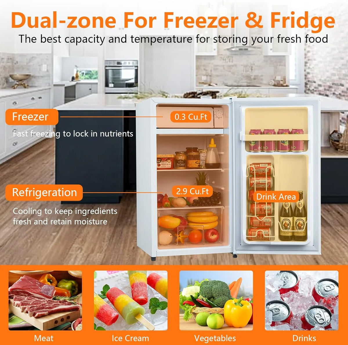 EastVita 3.2 Cu.Ft Mini Fridge with Freezer, Compact Refrigerator with 7 Level Adjustable Thermostat, Crisper Drawer & Glass Shelves, Small Fridge for Home