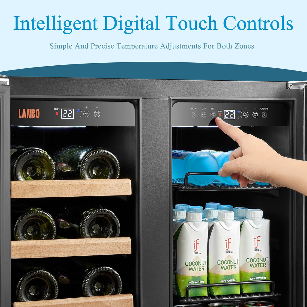 Lanbo 24 inch Dual Zone 18 Bottle Wine and 55 Can Beverage Cooler with French Door