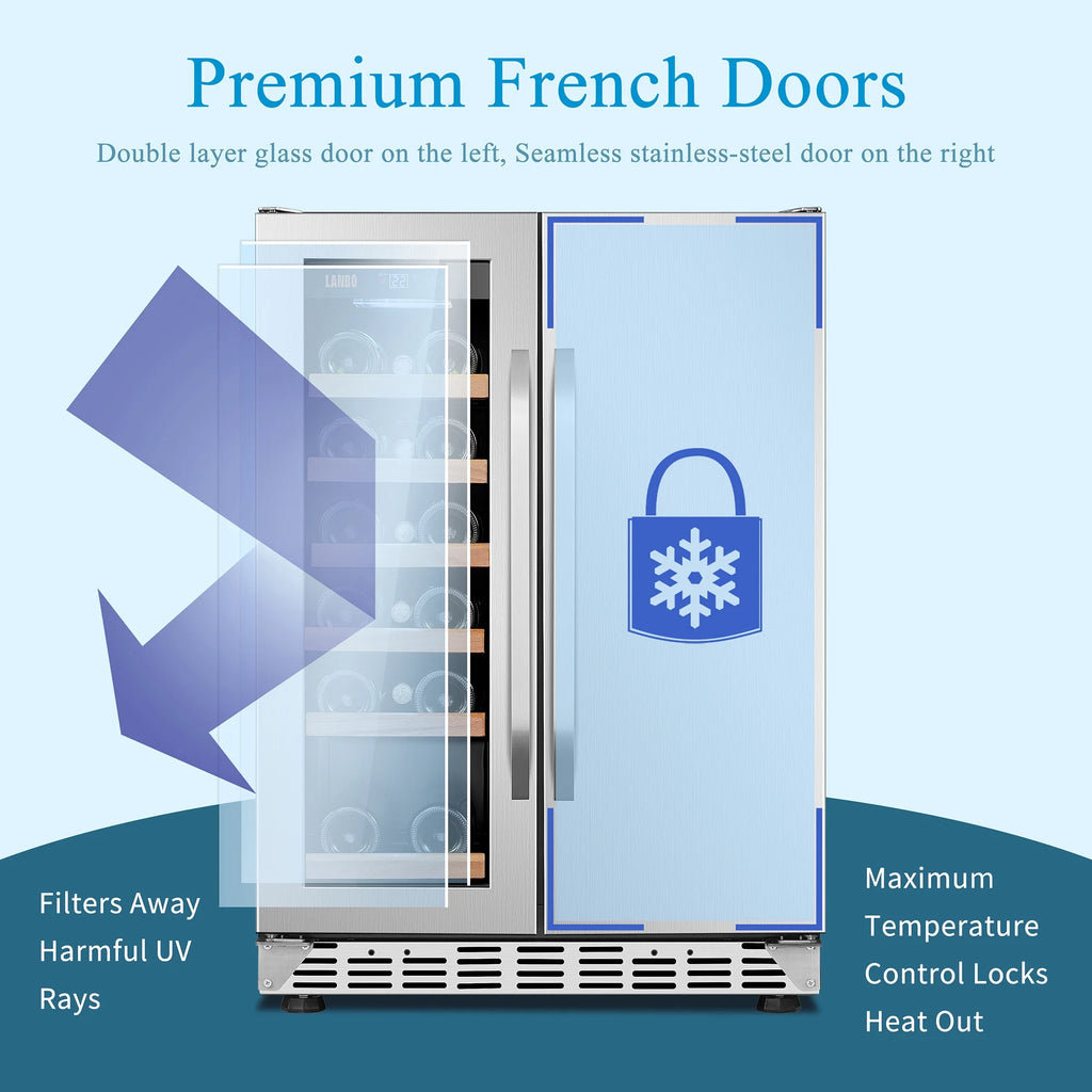 Lanbo 24 inch Dual Zone 18 Bottle Wine and 55 Can Beverage Cooler with French Door
