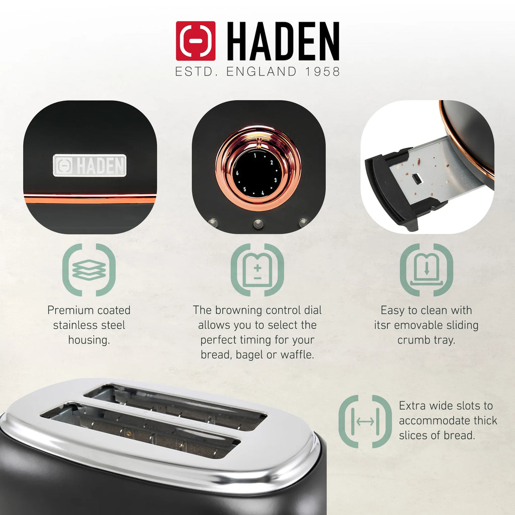 Haden Heritage 2 Slice Wide Slot Toaster & Coffee Maker, Black & Copper