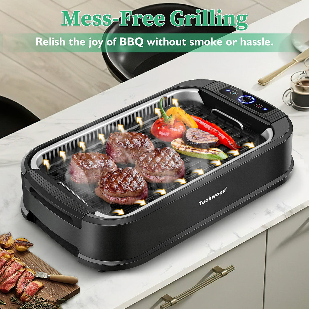 Techwood Indoor Smokeless Grill, 1500W, Black, Electric Portable Korean BBQ Grill with Tempered Glass Lid