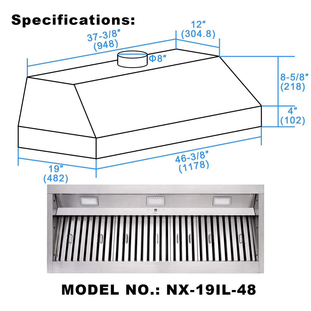 Akicon 48 Inch Range Hood Insert, Stainless Steel 8" Ducted Insert/Built-in Kitchen Vent Hood with 1200 CFM Suction, Dimmable LED Lights and Dishwasher Safe Filters, 4 Speed-Cool White