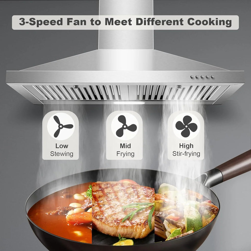 30-inch Wall Mount Range Hood 450CFM - Stainless Steel Kitchen Vent Hood, Ultra Quiet 55dB, Ducted/Ductless Convertible, 3-Speed + LED Light, Dishwasher-Safe Baffle Filters 120V