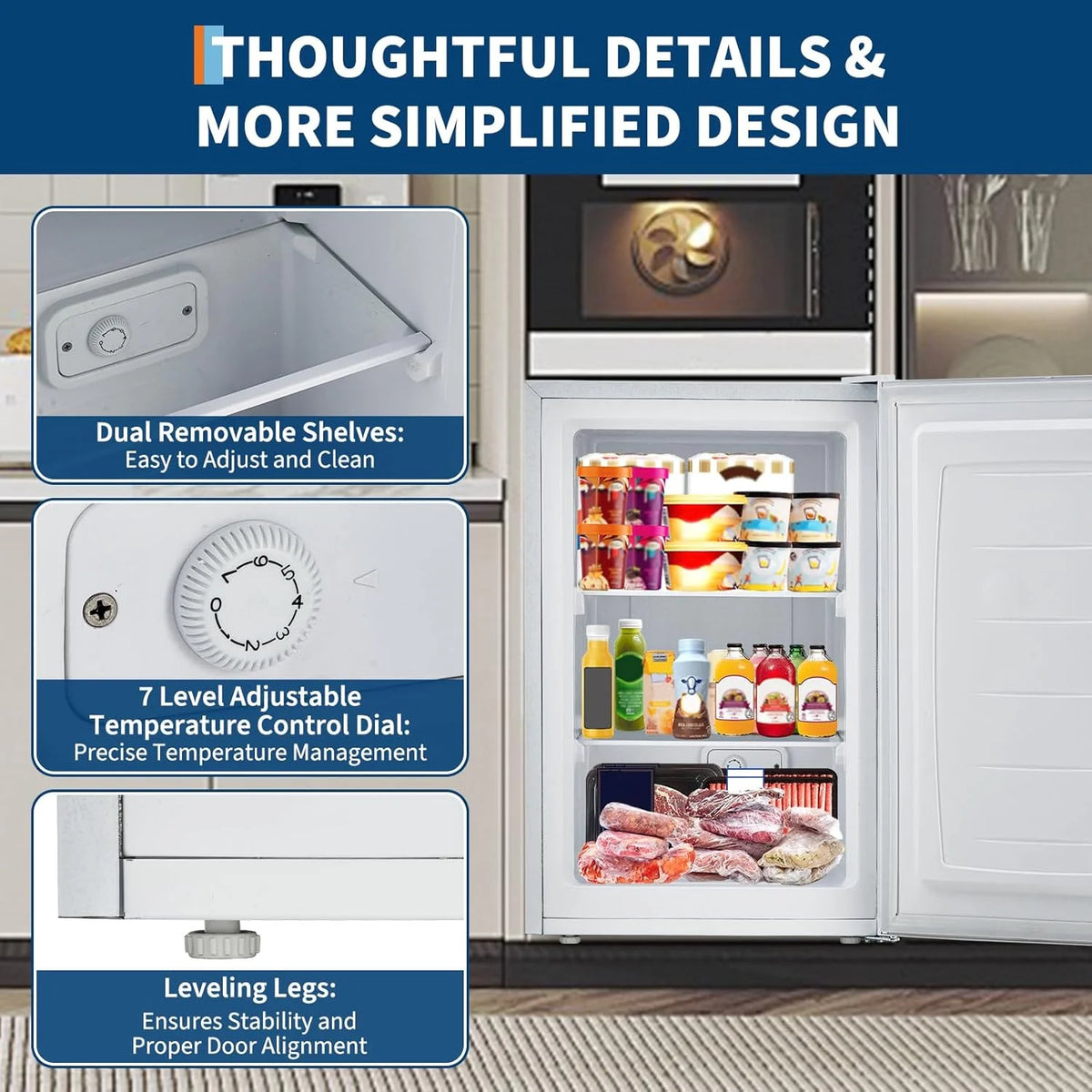 M optimized Upright Freezer, 3.0 Cu.Ft. Compact Mini Freezer with Reversible Single Door, 7 Adjustable Thermostat & 3 Removable Shelves, for Apartment, Dorm, Home, Office