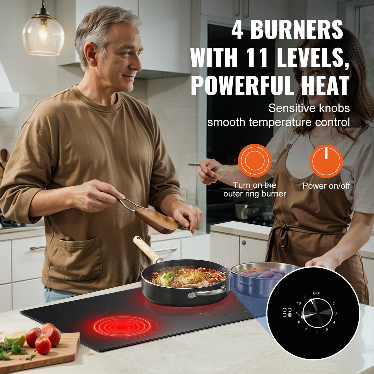 KFFKFF Built-in 4 Burner Electric Cooktop, 7200W Electric Range, 30" Electric Cooktop with Glass Surface, Knob Control, 11 Temperature Settings, 220-240V, Direct Wiring Required