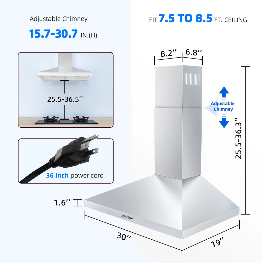 FIREGAS 30 Inch Wall Mount Range Hood, 450 CFM Ducted/Ductless Convertible Kitchen Vent Hood