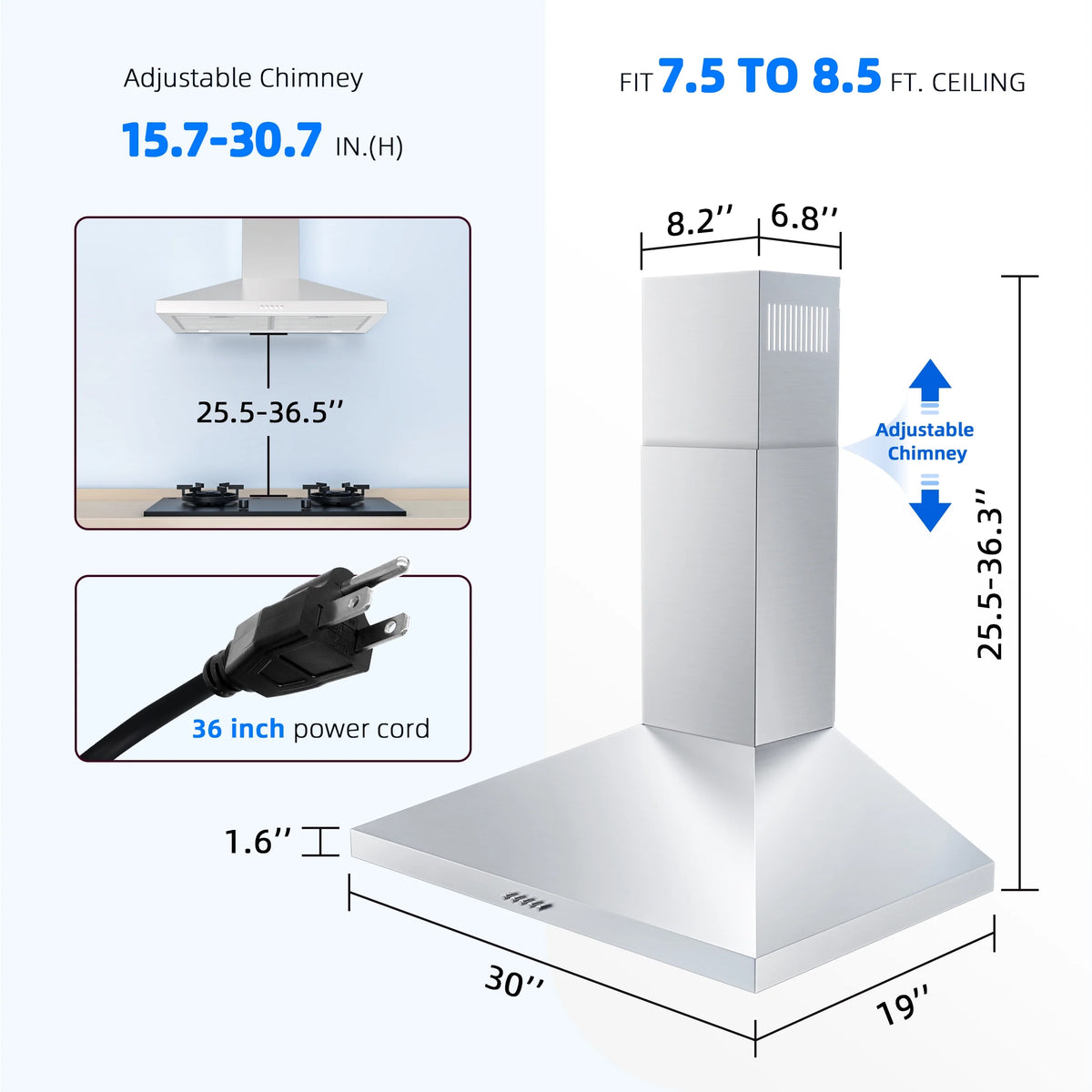 FIREGAS 30 Inch Wall Mount Range Hood, 450 CFM Ducted/Ductless Convertible Kitchen Vent Hood