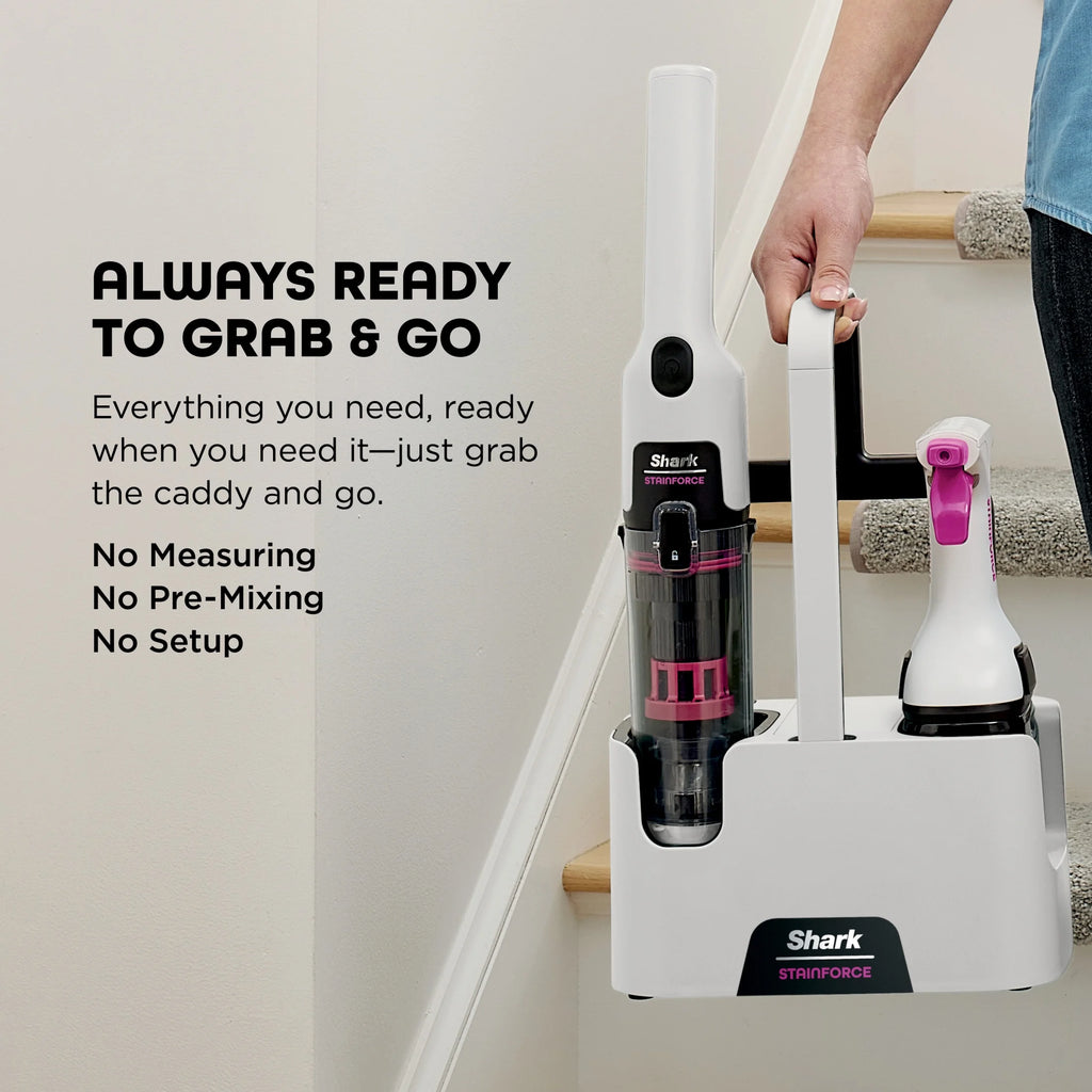 Shark StainForce Cordless Portable Spot, Stain, & Odor Remover System for Carpets, Area Rugs, Upholstery, Stairs, Cars, with Storage Caddy, and Full-Size Cleaning Solution, White, HX100