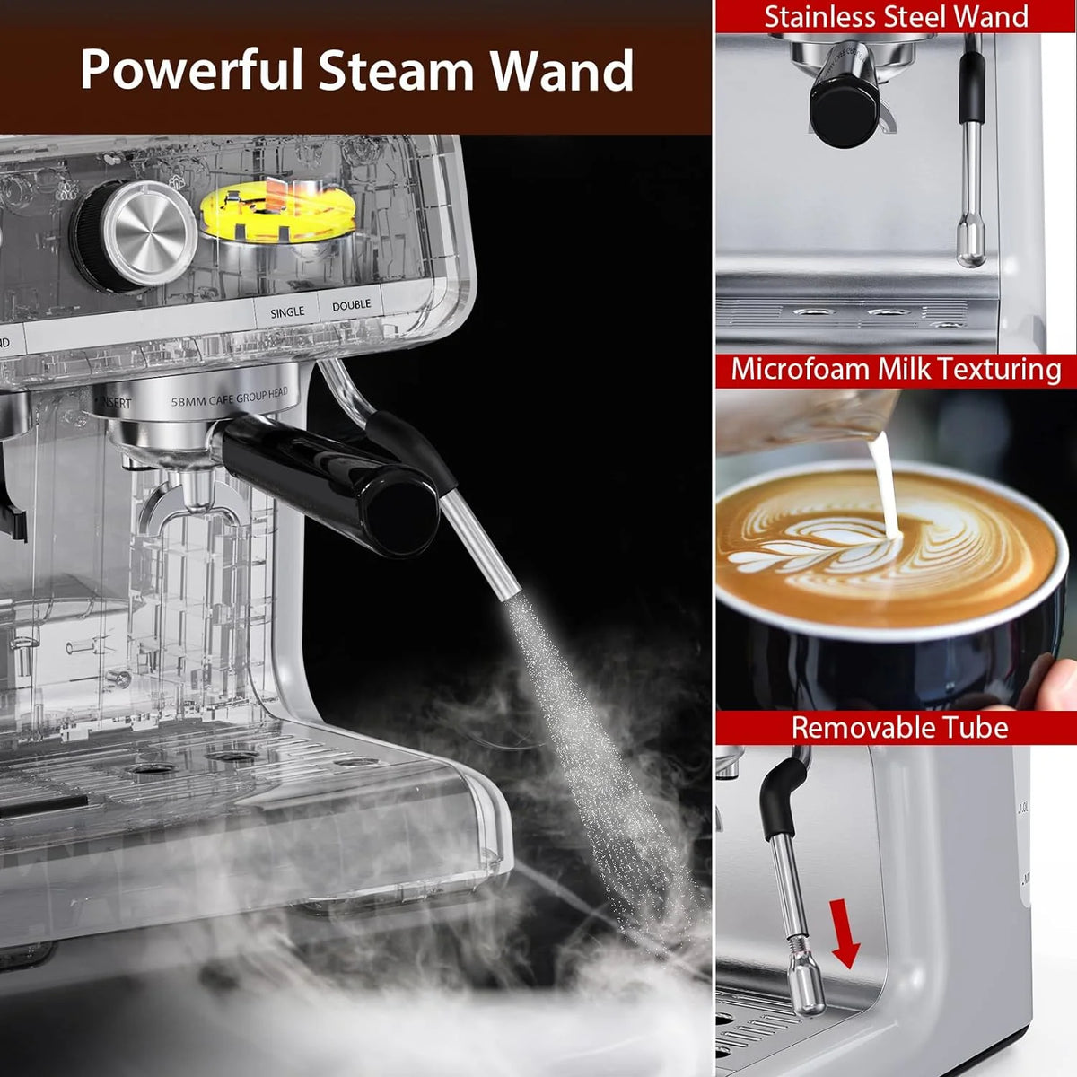 COZONY Espresso Machine 15 Bar, 2.5 L Water Tank, Semi Automatic Coffee Maker with Grinder, Milk Frother/Steam Wand, Italian Pump, All-in-One Espresso Machine, Stainless Steel, Silver