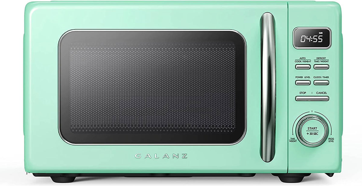 Galanz Retro Countertop Microwave Oven with Auto Cook & Reheat, Defrost, Quick Start Functions, Easy Clean with Glass Turntable, Pull Handle, .9 cu ft, Black