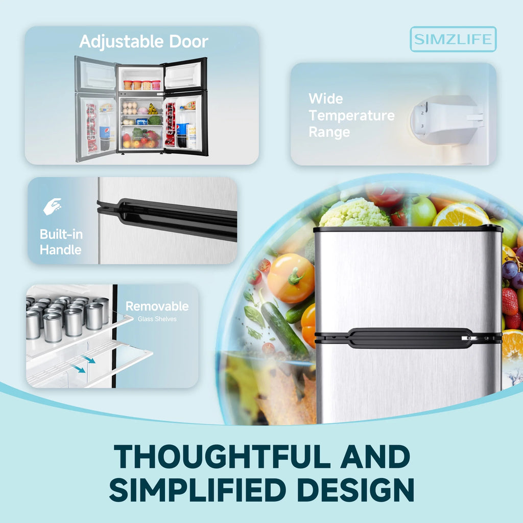 Simzlife 3.2 Cu ft Two Door Mini Refrigerator with Freezer, Compact Small Fridge Adjustable Removable Shelves, Sliver