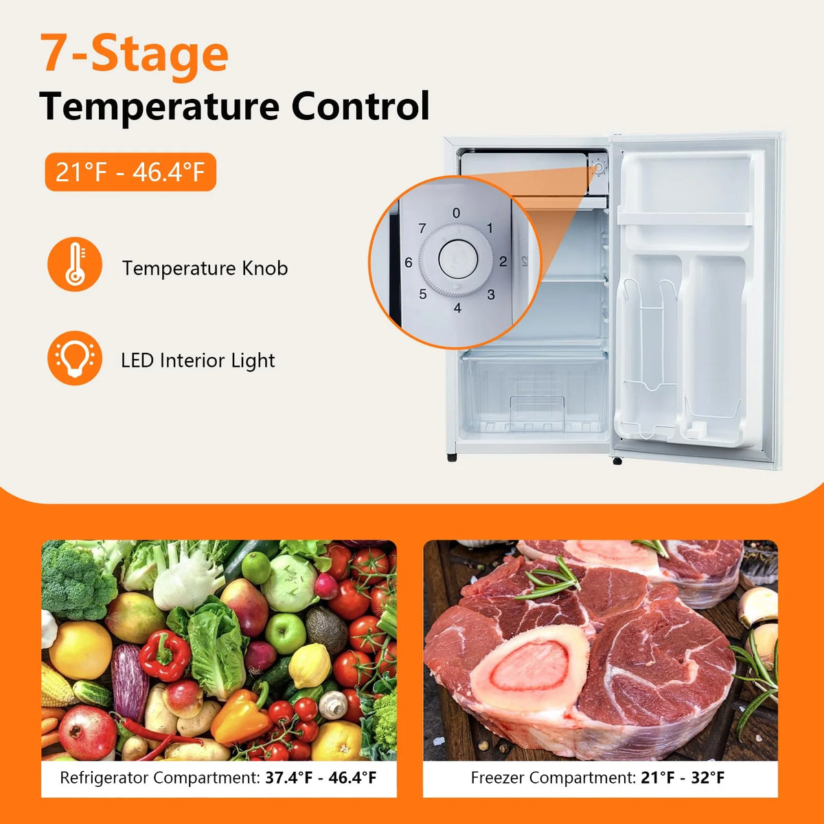 Mini Fridge with Freezer, 3.2 Cu.  Ft Small Refrigerator for Bedroom,7 Adjustable Thermostat,Low Noise,Easy to Storage&Clean Single Door,Refrigerator For Home, Office, Dorm, Garage or RV