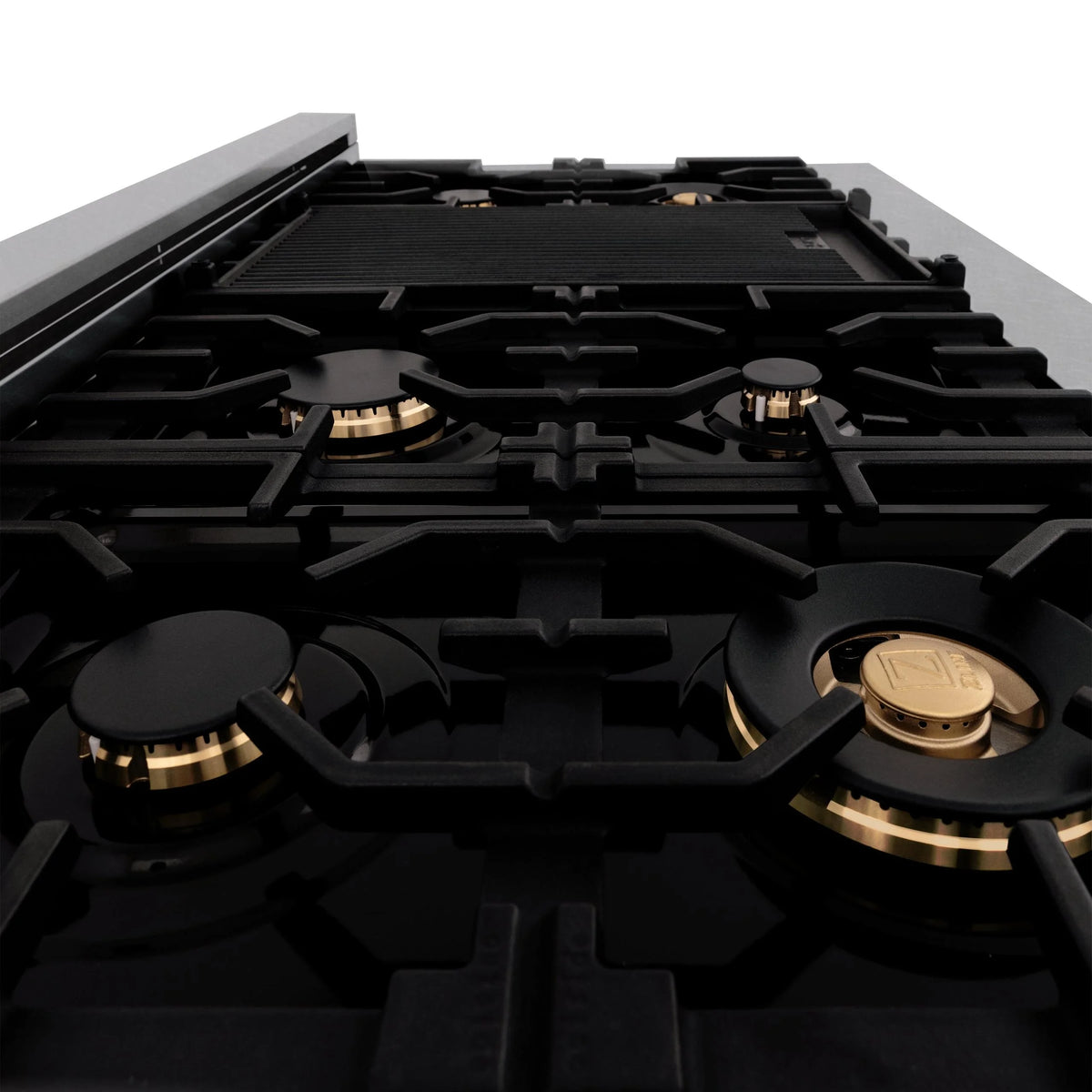 ZLINE Autograph Edition 48" Porcelain Rangetop with 7 Gas Burners in DuraSnow Stainless Steel and Champagne Bronze Accents (RTSZ-48-CB)