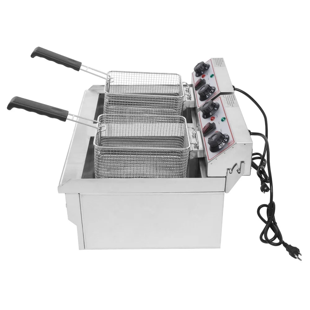EH102V 110V 110V,3400W 24.9quart/23.6L Stainless Steel Double Cylinder Electric Fryer US Plug, Electric Deep Fryer Frying with 2 Faucets and Lids for Home Use, Adjustable Temperature, Easy to clean