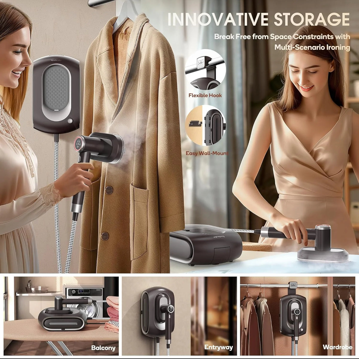 Newbealer Steamer for Clothes,2-in-1 1550W Turbocharged Garment Steamer & Iron ,3 Levels Smart Control Steaming,1.2L Detachable Tank,Auto Shut-Off,Self-Cleaning,Innovative Storage: Hang or Wall Mount