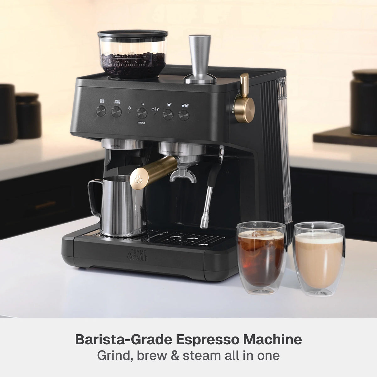 Thyme & Table Barista Grade Espresso Machine with 15-Bar Pressure, Conical Burr Grinder and Steam Wand, Sand White