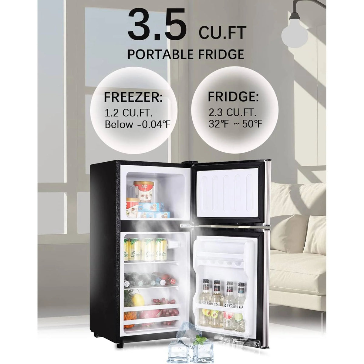 3.5 Cu.Ft Mini Fridge Freezer, 2 Door Small Refrigerator, 7 Level Adjustable Thermostat Freezer Fridge for Living Room, Kitchen and Apartment, Sivelr