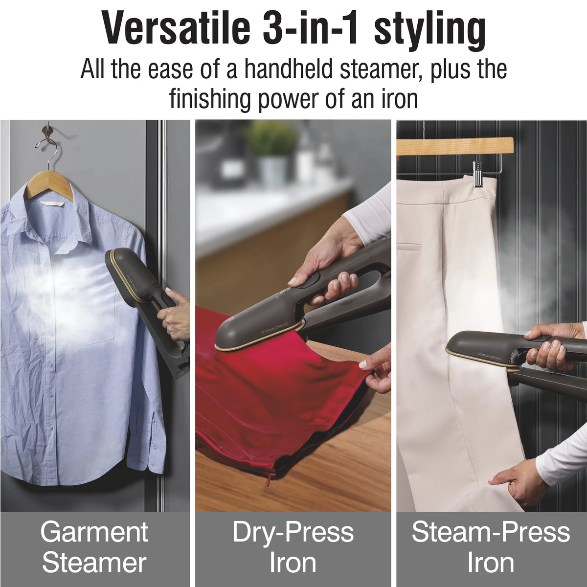 CHI SteamPress 3-in-1 Handheld Garment Steamer for Clothes, Travel Steamer & Iron, Black