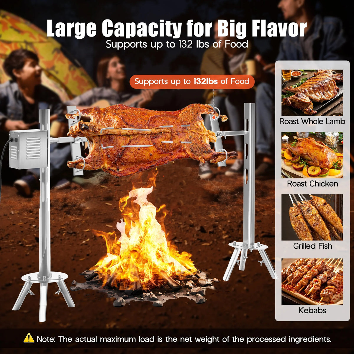 LUXOAK Electric BBQ Rotisserie Grill Kit, 46" 132 Lbs Capacity, 45W Motor, Height-Adjustable Stainless Steel Pig Roaster with Triangular Stability Support Stand for Pig Lamb