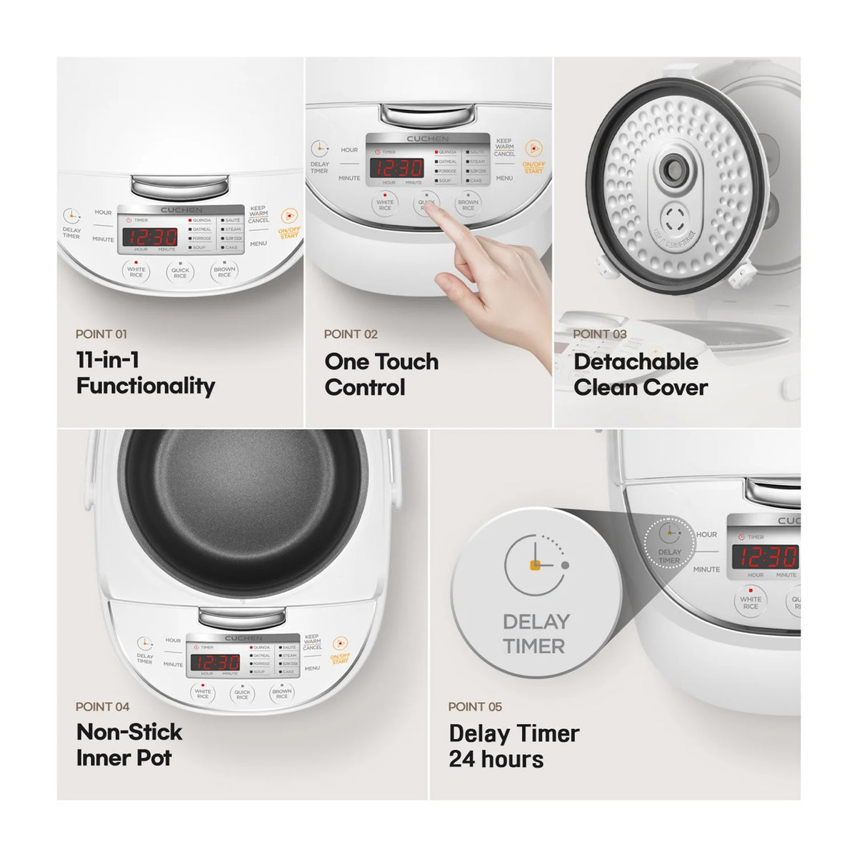CUCHEN CRM-G0601WUS | Micom Rice Cooker 6 Cup (Uncooked) and Warmer | Direct Touch control | Nonstick Inner Pot | Delay Timer | White