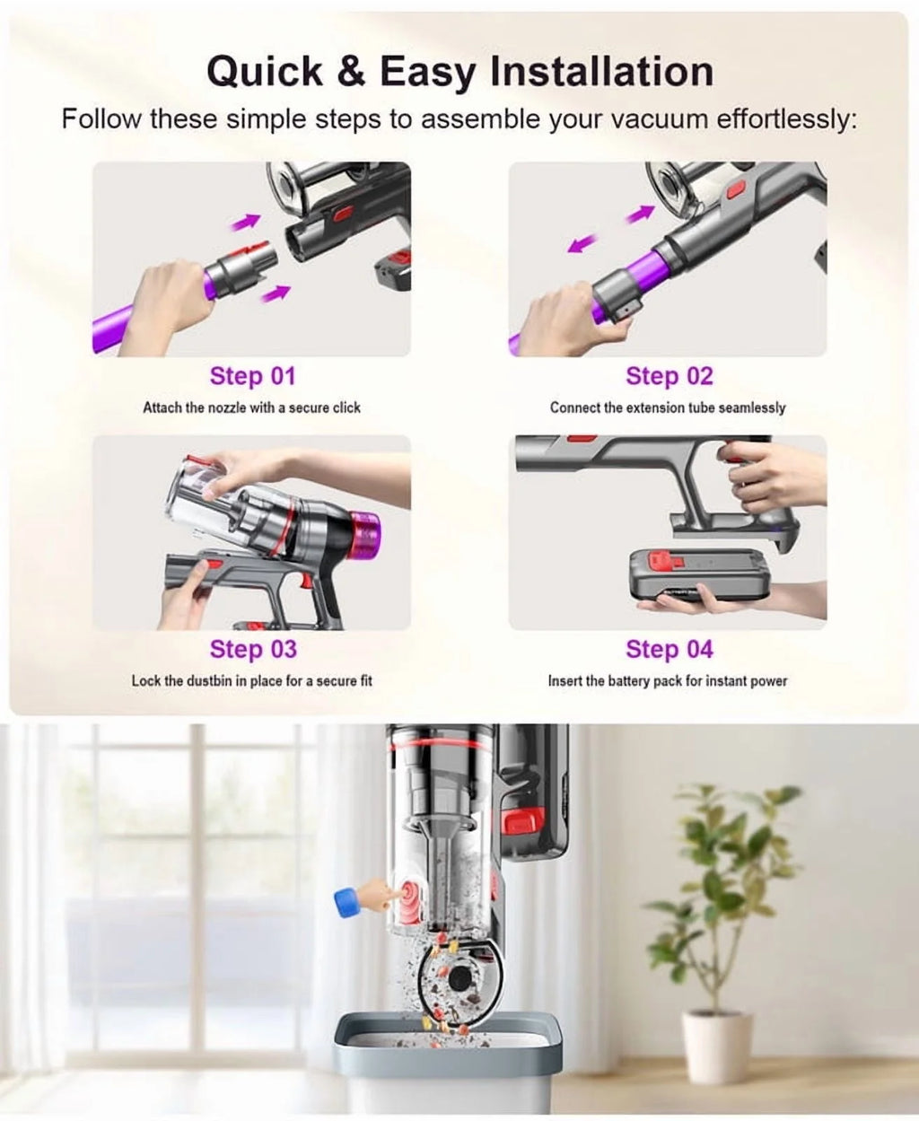 Hosaud Cordless Vacuum Cleaner - 45000pa 550W 55mins 2600mAh Lightweight Stick Vacuum Cleaners for Home Pet Hair Carpet Floor Purple