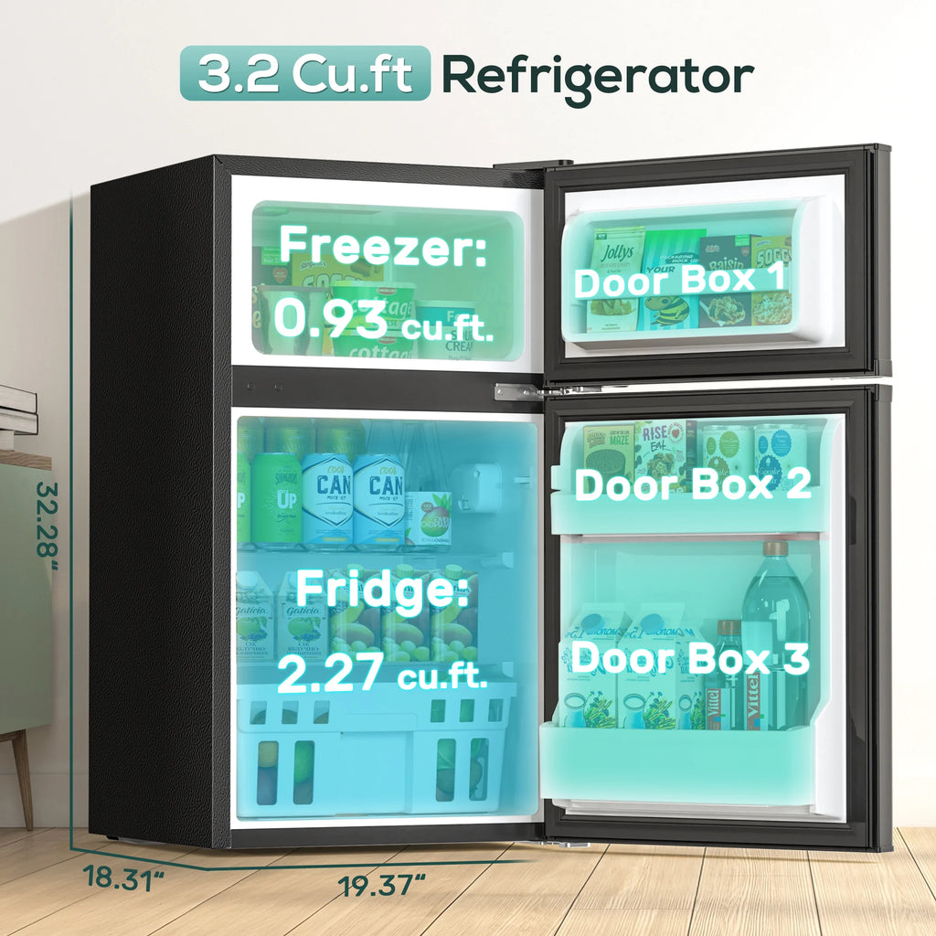 Moifoi 3.2 Cu.Ft Two-Door Compact Refrigerator, Stainless Steel Door, Black