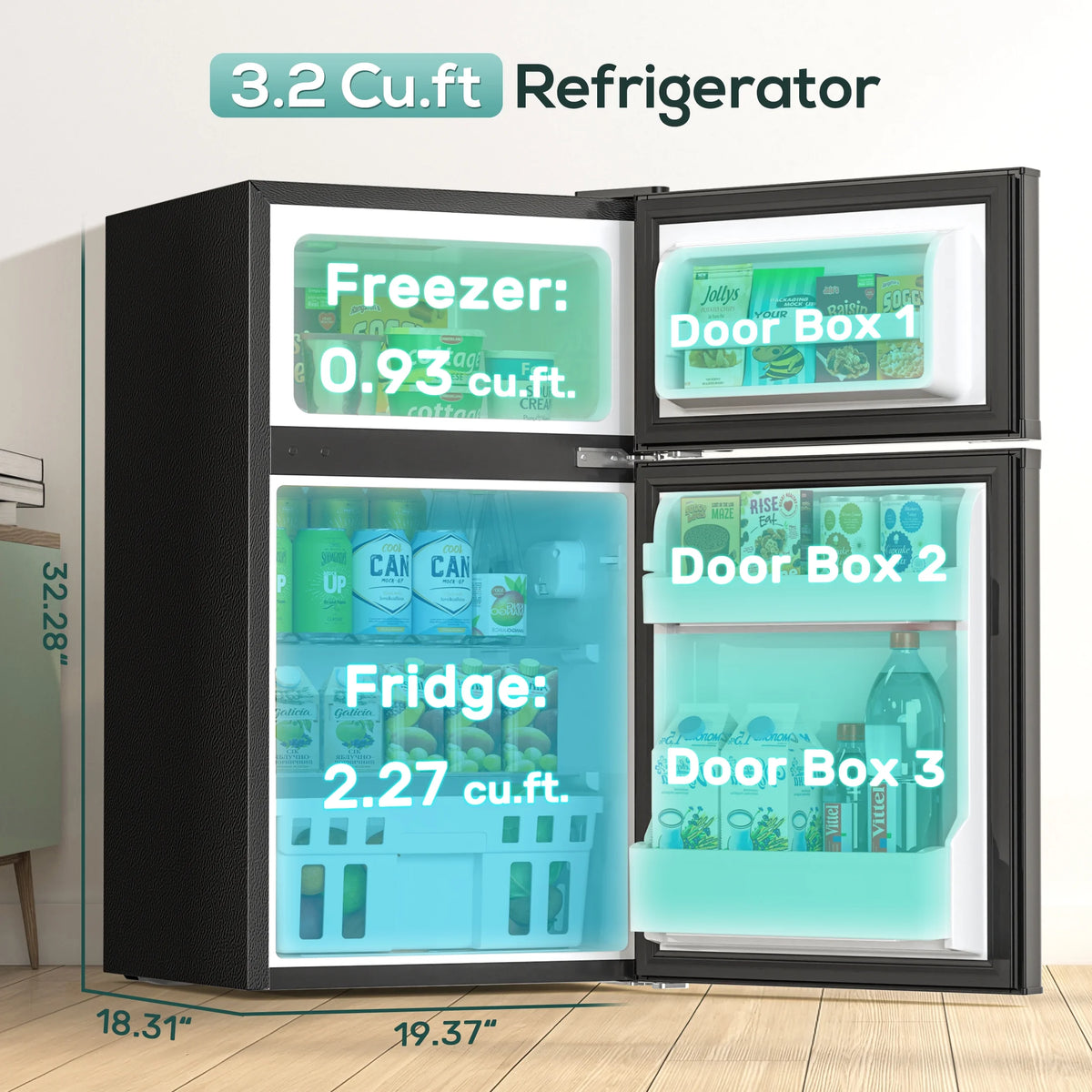 Auseo 3.1 Cu.Ft Mini Fridge 2 Door, Small Fridge 115 Volt/60 Hz, Low Noise Mini Refrigerator with Adjustable Temperature, Removable Shelves, Suitable for Home/Kitchen/Office/Dorm/Apt-Black