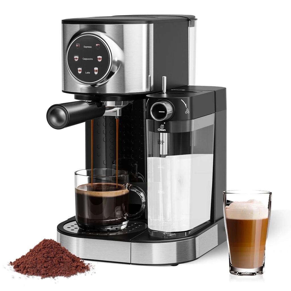 Auseo 20 Bar Espresso Machines, Espresso Coffee Maker with Milk Frother Steam Wand, Ground Coffee & Capsules, Black and Stainless Finish, Espresso/Cappuccino/Latte/Mocha for Home