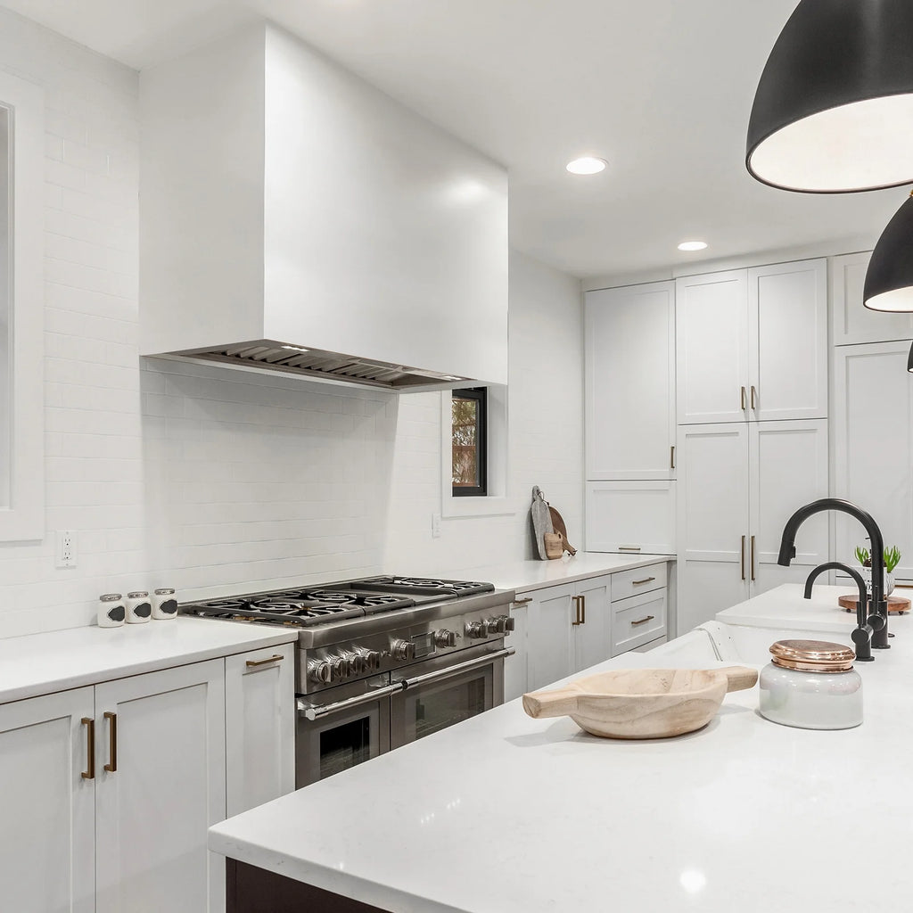Akicon Stainless Steel Range Hood, Modern Box Kitchen Hood with Powerful Vent Motor, Wall Mount, 30��W*30��H*14D, Signal White