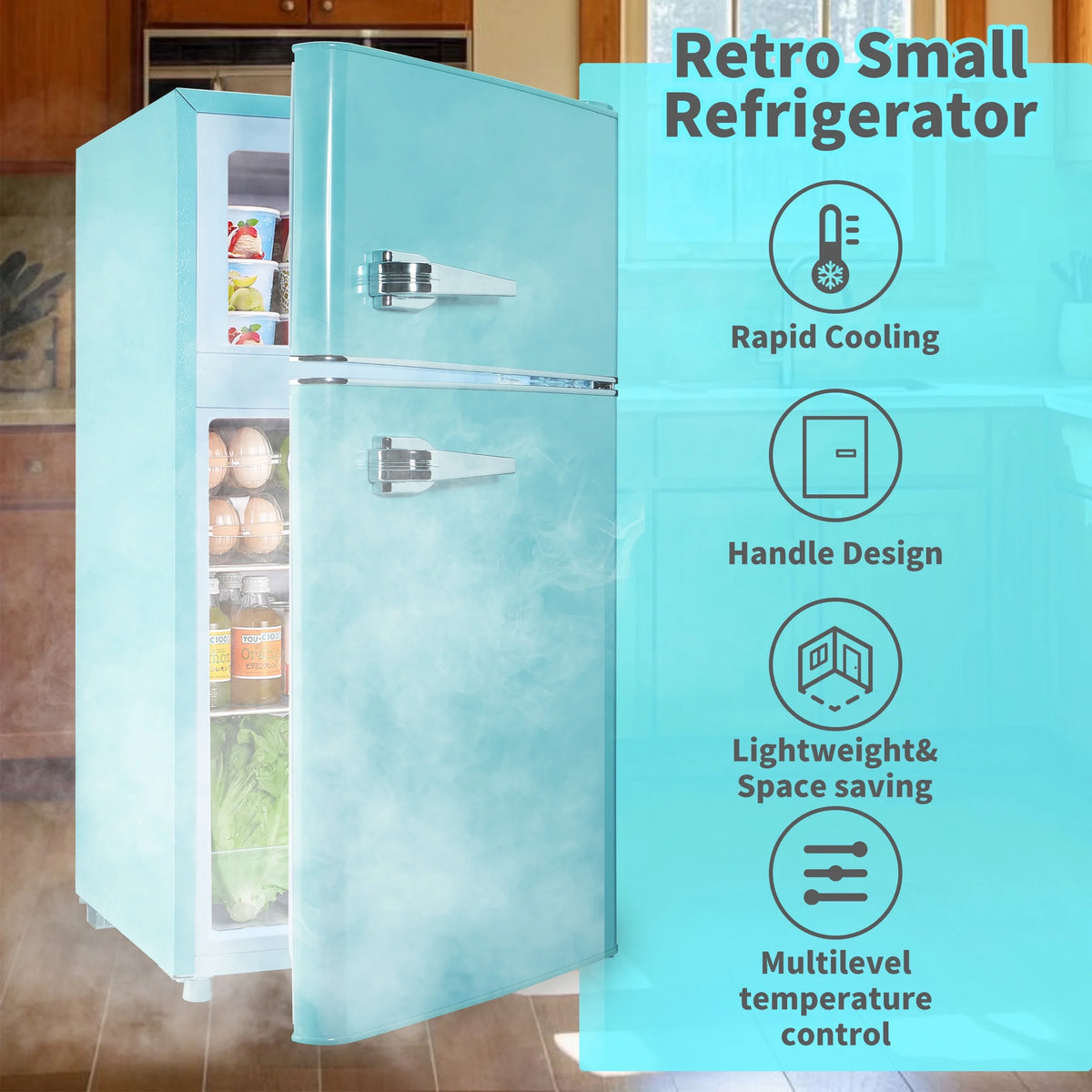2 Door Mini Fridge with Freezer,3.5Cu.ft Small Freezer,7 Adjustable Thermostat,Blue,New