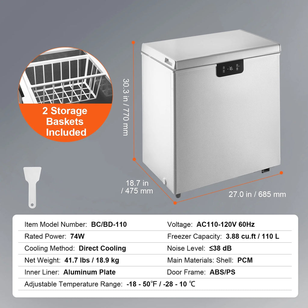 KFFKFF  3.88 Cu.ft / 110L Small Top-Open Chest Freezer with Adjustable  ?Temperature Control 2 Removable Storage Baskets, Freestanding