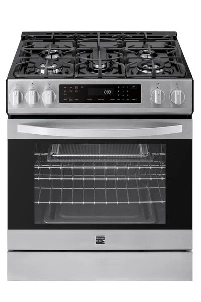 Kenmore 22-76853 5.6 cu. ft. Front-Control 5 Burner True Convection Gas Range with Oven, Large Window, Three Oven Racks, Dishwasher Safe Cast Iron Grates
